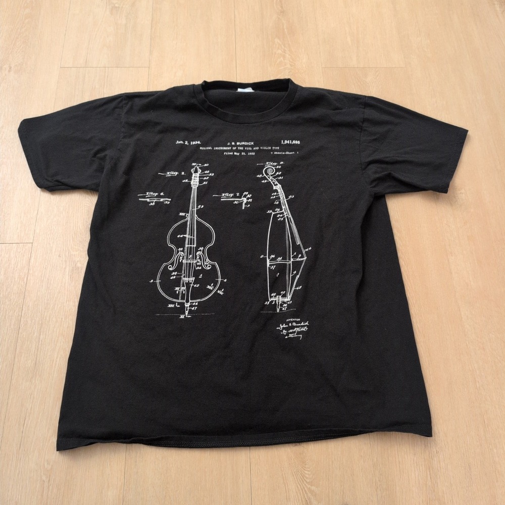 Port & Company Mens Black Violin Patent Graphic T-Shirt Large 1934 Blueprint